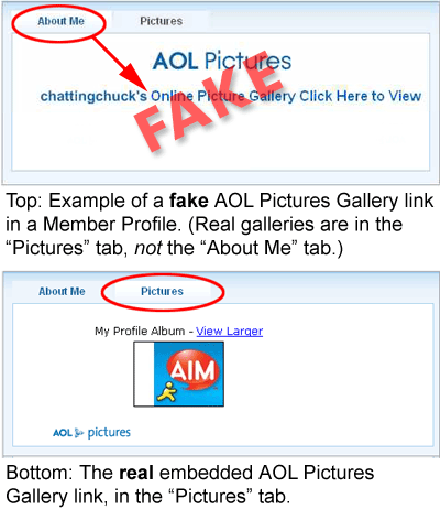This is a picture comparing the fake AOL Pictures link and the legigimate AOL Pictures tab in a profile. 
